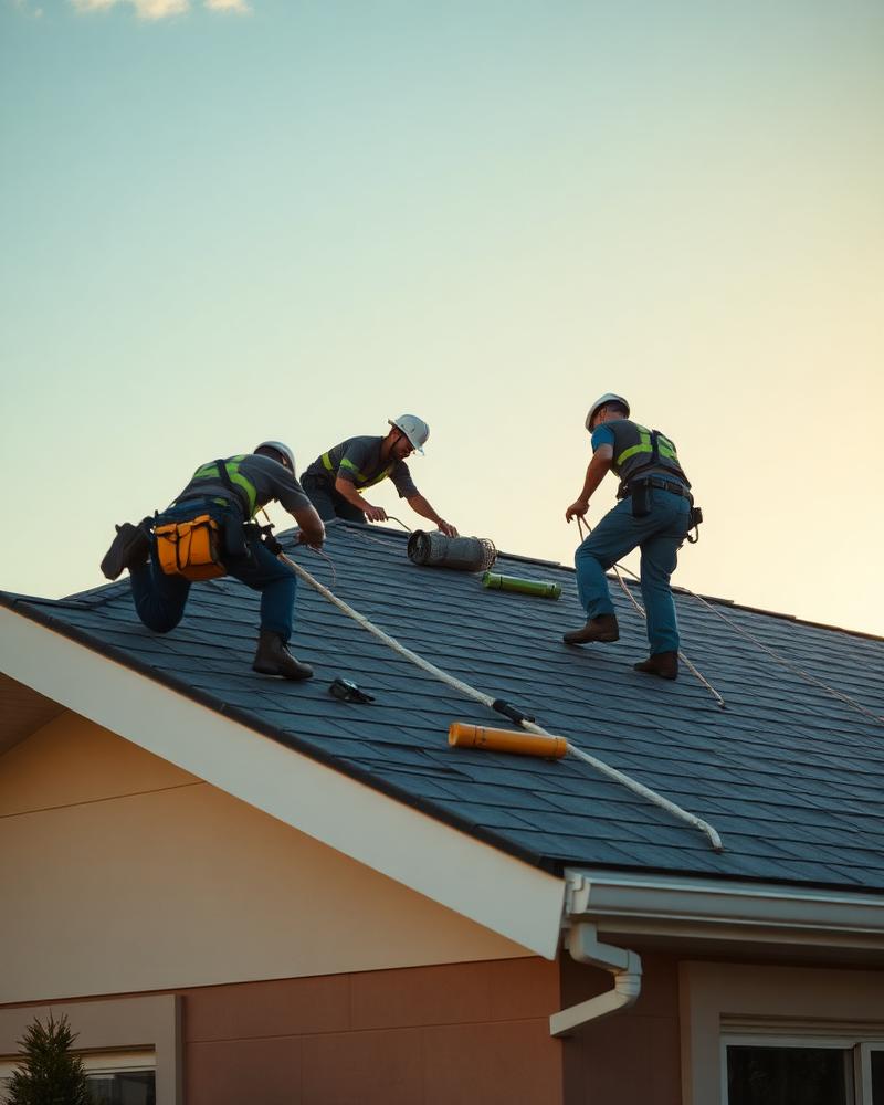 Roofing crew installing shingles on a suburban home
