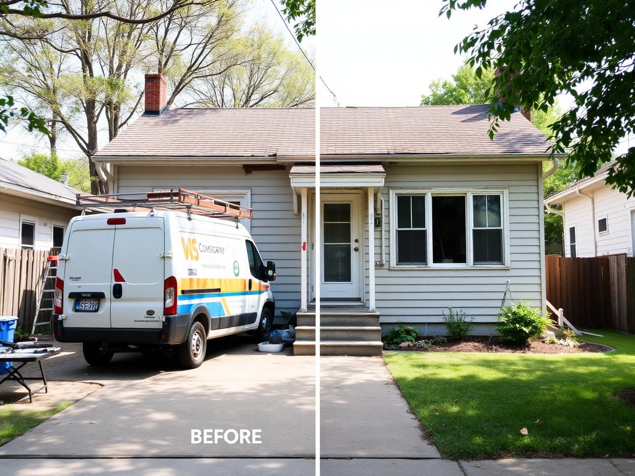 Distressed home mid-renovation with a contractor van in the driveway