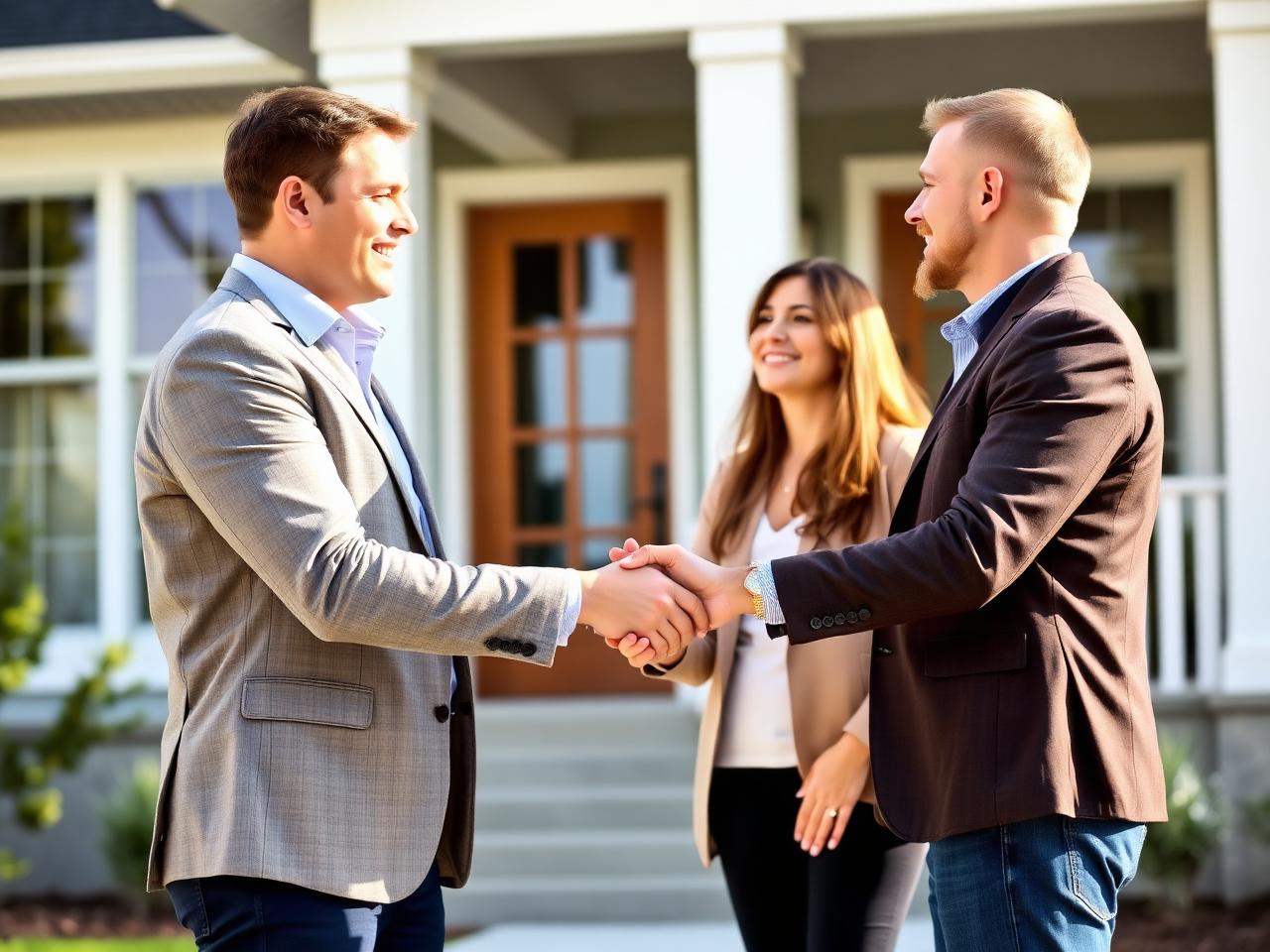 Real estate agent shaking hands with homeowners outside a house