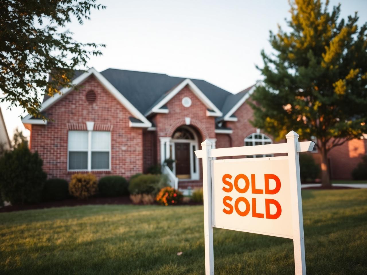 Suburban home with a sold sign in the front yard